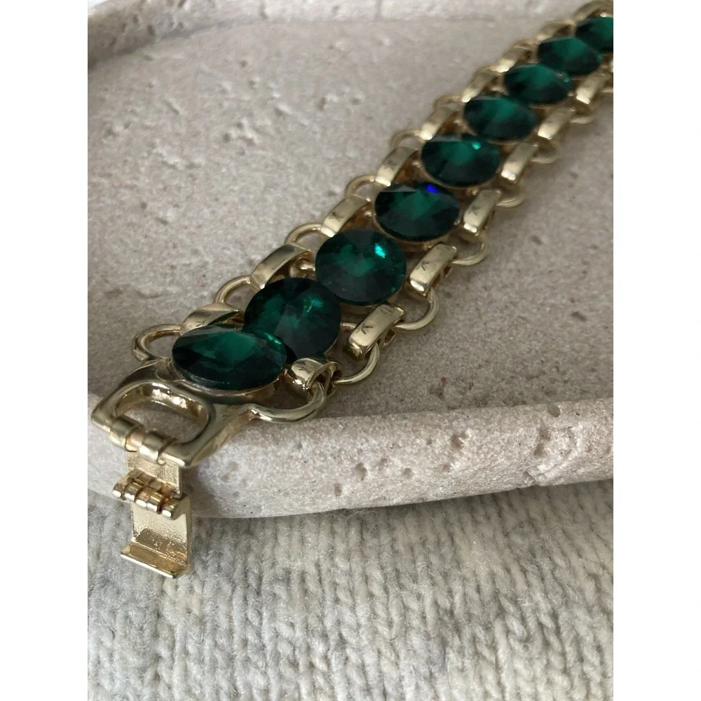 Wide Gold Tone Bracelet Green Faceted Bling Tennis Statement Chunky Costume